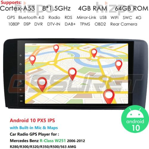 Android 10 Car Radio GPS Navigation Multimedia Player For Mercedes Benz R-Class W251 2006-2012 R280/R300/R320/R350/R500 2 Din