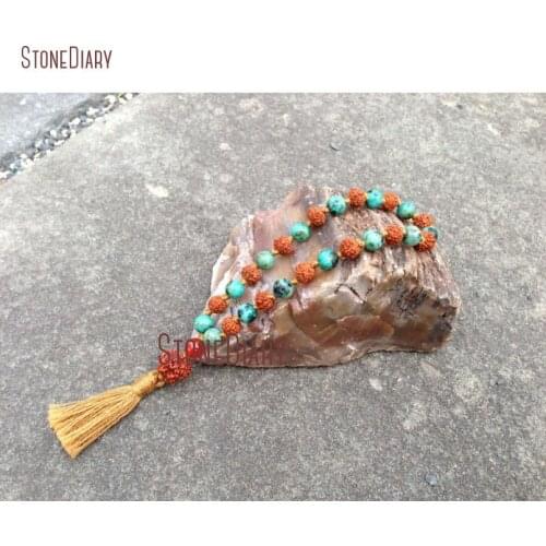 Hand knotted African Turquoises Rudraksha 27 Bead Pocket Quarter Mala Bracelet Cotton Tassel Charm Yoga Prayer Bracelet BM11000