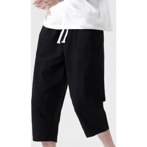 Summer Pants Male Solid Color Elastic Waist Drawstring Sweatpants Wide Leg Thin Pockets Spring Sport Fitness Capri Pants Sports