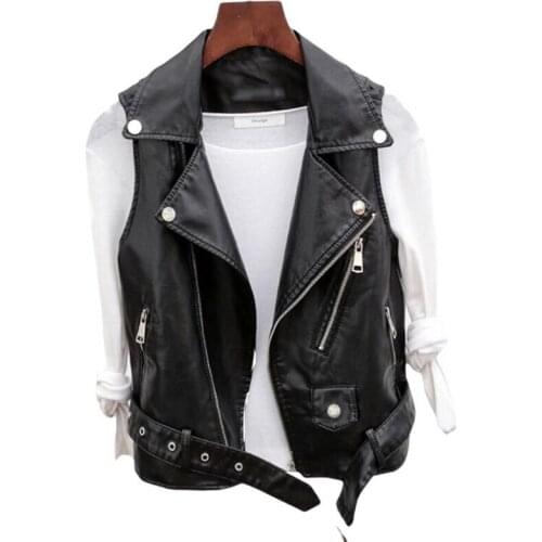 Womens Short Leather Sleeveless Jacket Leather Vests Sleeveless PU Leather Waistcoat Belt Rivet Lapel Jacket