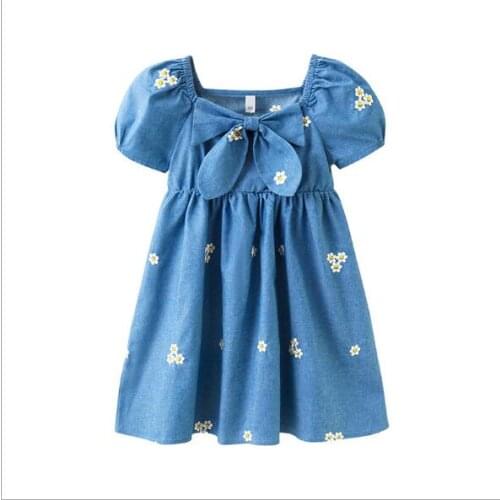 Teen Grls Denim Dress 2021 New Children Summer Clothes Bow Flower Embroidery Jean Dress Kids Clothing Dress 4-14Year