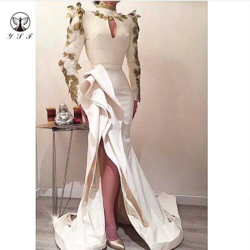 New Arrival Ivory High Collar Long Sleeve Beaded Heavily Feather High Slit Mermaid Prom Dresses