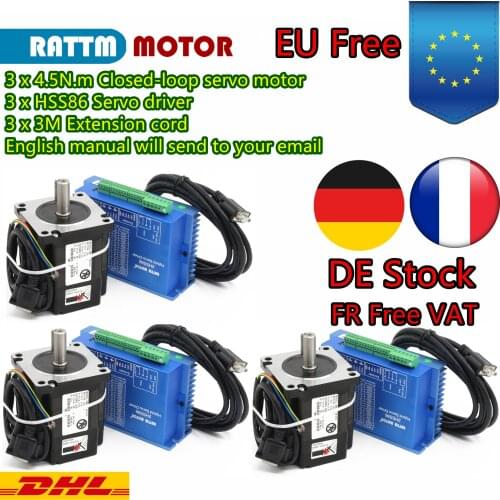 【EU no VAT】 3 Sets CNC Nema34 4.5N.m L82mm Closed-Loop Servo Motor Kit, 2-Phase HSS86 Hybrid Servo Driver 200KHz for CNC Router