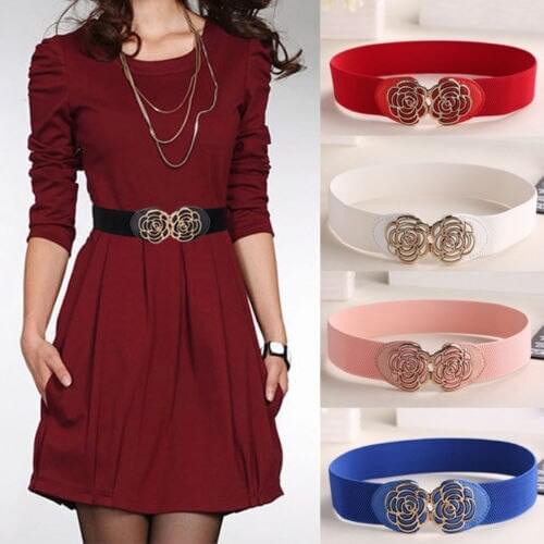 Brand New Womens Metallic Waistband Vintage Metal Flower Elastic Stretch Buckle Dress Narrow Wide Waist Belt
