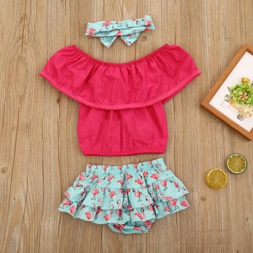Toddler Girls Sleevelsee Clothes Set 2-4T Girl Off Shoulder Tops+ Printed Bloomers +Headband 3PCS Summer Ruffle Outfits