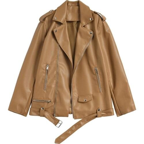 2021 Autumn Women Black Faux Pu Leather Jacket With belt Casual Female Motorcycle Biker Leather Outerwear Korean Chaqueta mujer