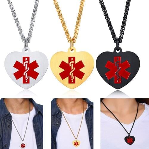 Simple Stainless Steel Medical Logo Pendant Necklace for Unisex Heart Charm Medical ID Alert Necklaces for Women