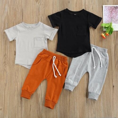 Fashion Cotton Casual New Baby Casual Clothing Set Pocket Solid Short Sleeve Tops+Elastic Waist Pants Toddler Summer Clothing