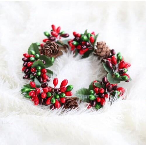 Mini Christmas Wreath Decorative Red Berries Garland Candlestick Stand Decoration Wedding Party Xmas New Year Home Ornaments