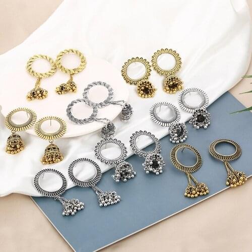 Bohemian Round Circle Small Bell Pendant Earrings For Women Girls Fashion BOHO Geometric Charms Stud Ear Jewelry Party Gifts