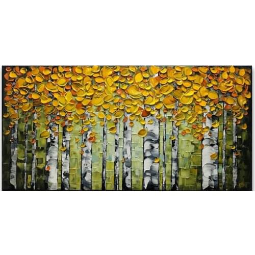 Hand Painted Modern Yellow Birch Forest Wall Art For Living Room 100% Hand-Painted Yellow Leaves Green Pictures Stretched