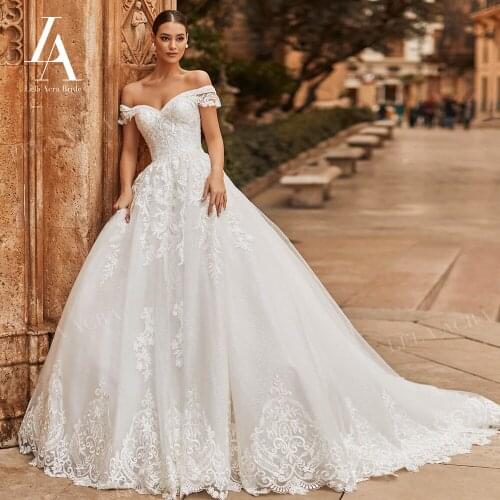 Wedding Dress Vintage Appliques A-Line Off Shoulder Lace Up Bridal Gown 2021 Princess Court Train LelaAcra NO08 Vestido De Novia