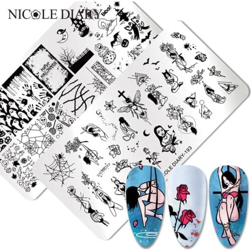 NICOLE DIARY Halloween Rose Design Stamping Plates Ghost Spider Flower Nail Stamp Templates Sexy Girl Image Printing Stencil