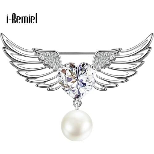 Ladies Angel Wings Feather Brooch for Women Heart Crystal Rhinestone Pearl Pin Zirconia Jewelry Luxury Scarf Buckle Accessories