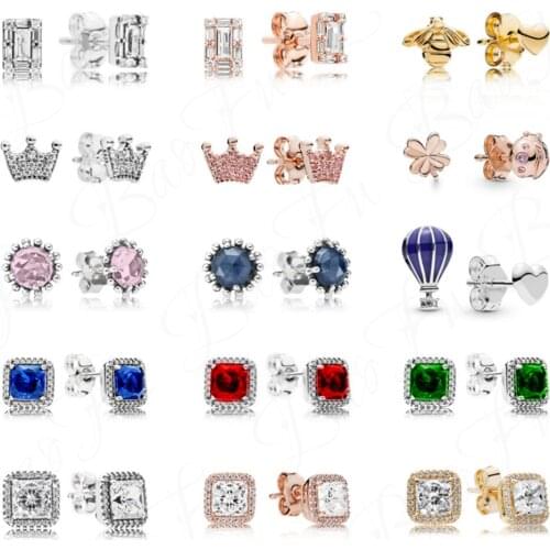 Genuine 925 Sterling Silver Stud Earrings Elegant Shiny Square Diamond Travel Memorial Ice Crystal Original Female Jewelry