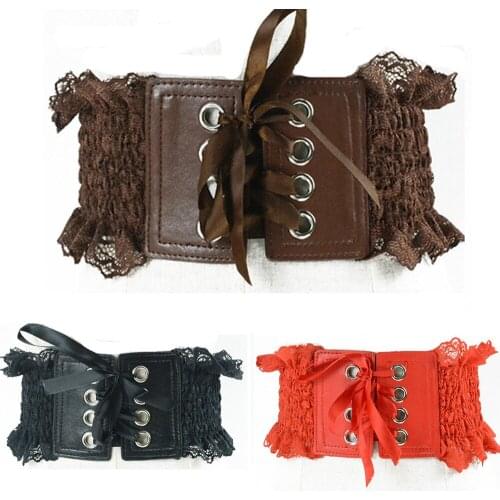 Women Ladies Lace Wide Elastic Belt Tassels Bow Buckle Dress Corset Waistband BLTHG0317