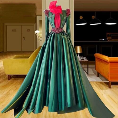 Elegant Dark Green Evening Gowns Sausi Arabia High Neck Long Sleeves Prom Dresses Robe De Soiree Women Formal Wear Custom Made