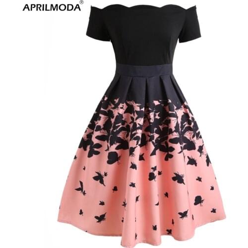 Floral Print Women Vintage Dress Slash Neck Black Pink Patchwork Casual Party Dresses Sexy Elegant A-Line Swing Retro Vestidos