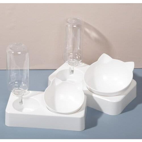 2020 new cat double bowl with drinking bottle simple adjustable inclined mouth automatic drinking neck protection cat bowl