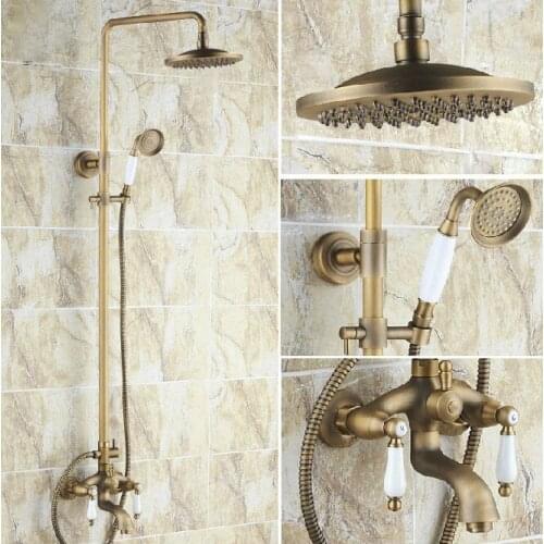 Antique Brass Wall Mounted Rain Bathroom Rainfall Shower Faucet Set with Handheld Spray Shower Head Bath Tub Mixer Tap 2rs163