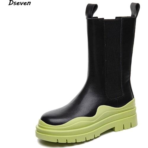 Martin Boots Woman Leather Shoes Avocado Color Thick-soled Platform Chelsea Short Boots Elastic Band Ankle Boots For Women