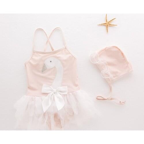 Summer Children Swimsuit Girls Swan One-Piece Swimsuit Mesh Skirt Hot Spring Swimsuit Sling Swimsuit 2-Piece Set