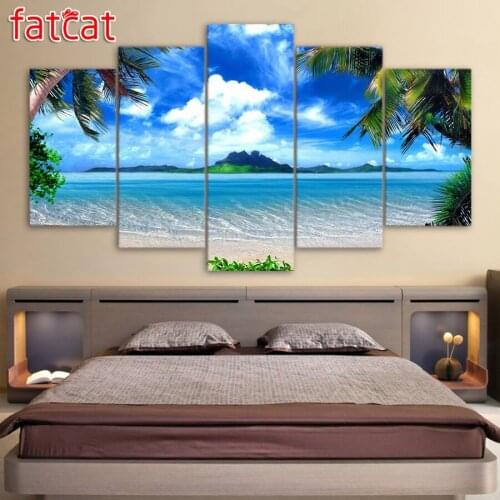 FATCAT 5 Panel Beach Blue Palm Trees Diy Diamond Painting Full Square Round Drill 3D Diamond Embroidery Sale Home Decor AE921