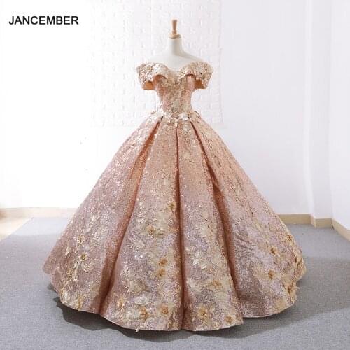 J66536C Jancember Gold Evening Dress 2021 Off The Shoulder Appliques Floor Length Swollen Formal Gowns