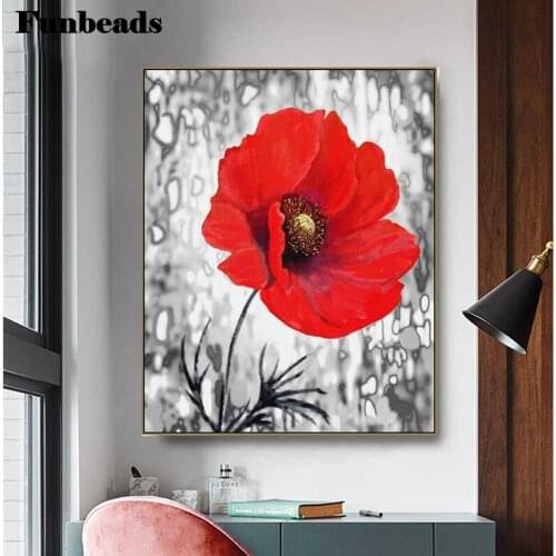 5D Round Diamond Painting Black and White Red poppy Full Square Flowers Embroidery Mosaic Cross Stitch Handmade Gift FF3768