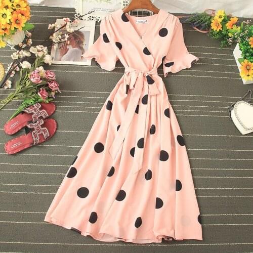 Summer Short Sleeve V-Neck Polka Dot Print Slimming Waist Bandage Dresses Casual Long Vestidos 2021