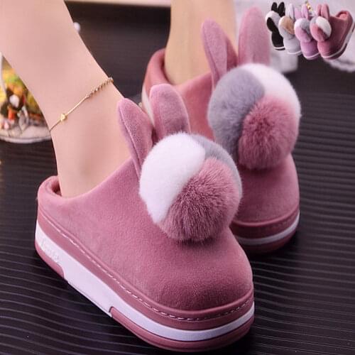 Non-slip Funny cat pompom korean versione womens winter slippers furry slides female indoor fur shoes