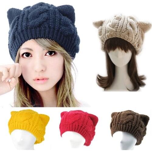 New Arrival Fashion Lady Girls Winter Warm Knitting Wool Cat Ear Beanie Ski Hat Cap