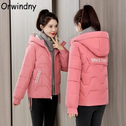 Orwindny Students Short Jackets Winter Women Hooded Pleated Slim Fashion Coat 2021 New Letter Snow Wear Parkas Plus Size XS-3XL