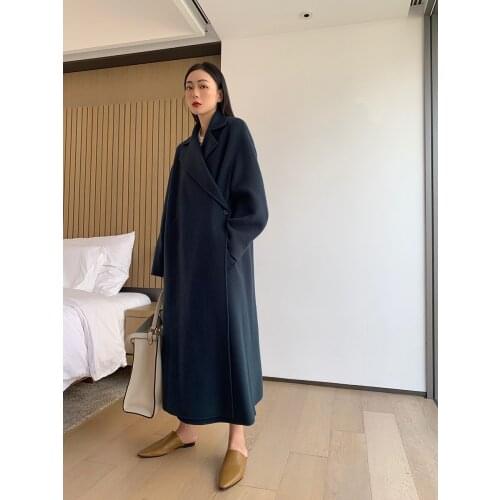 Autumn and winter double-faced cashmere coat Korean style loose long over-the-knee black woolen coat female mid-length