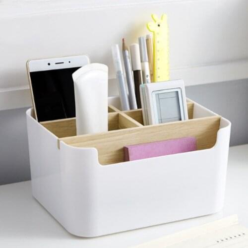 Plastic + Wooden Organizer Storage Box Remote Control Desktop Pen Pencil Stand Holder Hotel Office Home Storage Organization