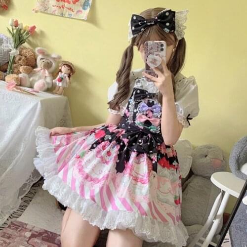 Japanese Cute Cake Lolita Girl Strap Dress 2021 Summer Sweet Cute Kawaii Soft Girl Lace Stitching Bow JSK Princess Dresses Women