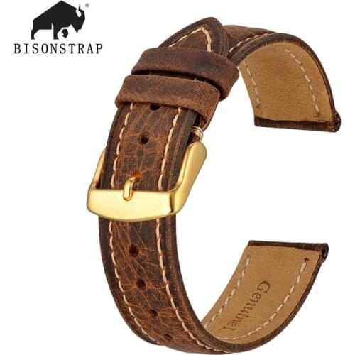 BISONSTRAP Watch Band 14mm 15mm 19mm 20mm 22mm 23mm 24mm Crazy Horse Leather Watch Strap Vintage Replacement Belt Gold Buckle