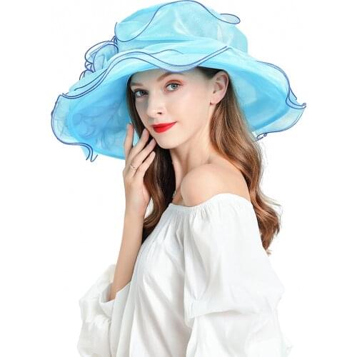 Fashion Sun Hat Blue Fascinator Summer Hats For Women Elegant Beach Caps Organza Casual Outdoor Shade Cap Lady Wide Brim Hat