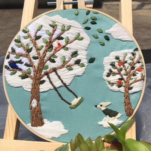 Creative Embroidery Kit With Tree Bird Dog Patterns DIY Stamped Embroidery Beginner Kit Embroidery Cloth Color Threads Tools Kit