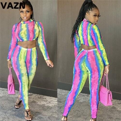VAZN 2020Tie Dye Print Colorful Sexy Fall Winter Rave Festival Clothing Sexy Full Sleeve With Full Pant Two Pieces Set