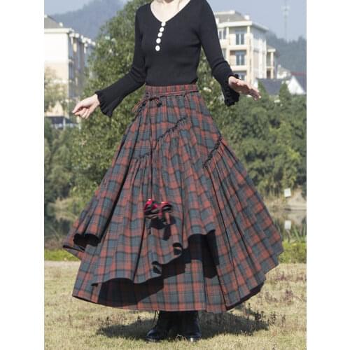 Kalenmos Literary Retro Check Childrens Women Skirts Irregular Hem Lace High Waist Heavy Cotton Brushed Pleated Medieval Skirt