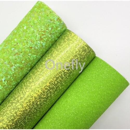 Onefly 21X29CM Green Neon Glitter Leather, Smooth Fine Glitter Fabric Sheets For Bow DIY handbags shoes AQ072
