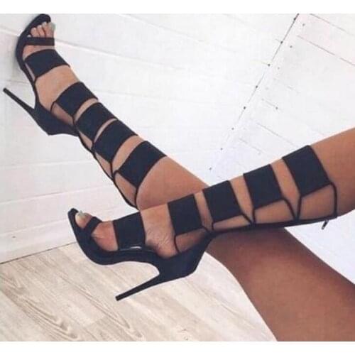 Woman Black Leather Cuts Out Zipper Back Gladiator Mid-calf Summer Thin Heels Open Toe High Heel Sandal Boots