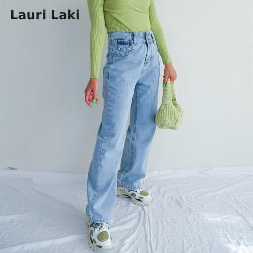 Lauri Laki Boyfriend High Waist Women Jeans Blue Washes Straight Wide Leg Denim Pants Plus Size High Street Baggy Jeans