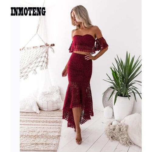 INMOTENG 2019 Women White Lace Dress 2 Pcs Set Sexy Slash Neck Backless Pencil Ruffles Crop Top Mermaid Skirts Dresses Vestidos