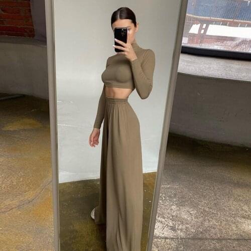 Two Piece Sets Women Solid Color Elegant Pant Sets 2021 Autumn Long Sleeve Turtleneck T-shirt Crop Tops + Wide Leg Pant Female