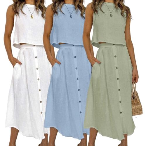 Womans Suit Summer Long Skirt Casual Cotton Linen Tops+Skirt Suits Ladies Robe Femme Vestidos Women Fashion Two Piece Sets