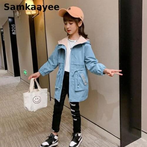 5-15y Girls Trench Spring Autumn Kids Long Jacket Hooded Windbreaker Childrens Solid Color Coats Clothing Zipper Outwear Y54