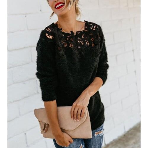 Women Loose Knitted Sweater Winter O Neck Long Sleeve Knitwear Top Female Lace Floral Collar Pullover Jumper Streetwear