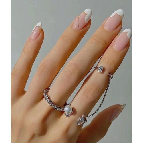 A Girl Delicate Feminine Cocktail Ring Zircon Pearl Chain Link Double Finger Ring Adjustable Joint Rings For Women Jewelry